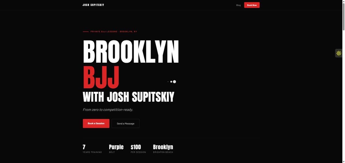 Brooklyn BJJ Lessons website — bold red and black type-driven one-pager for private jiu-jitsu lessons