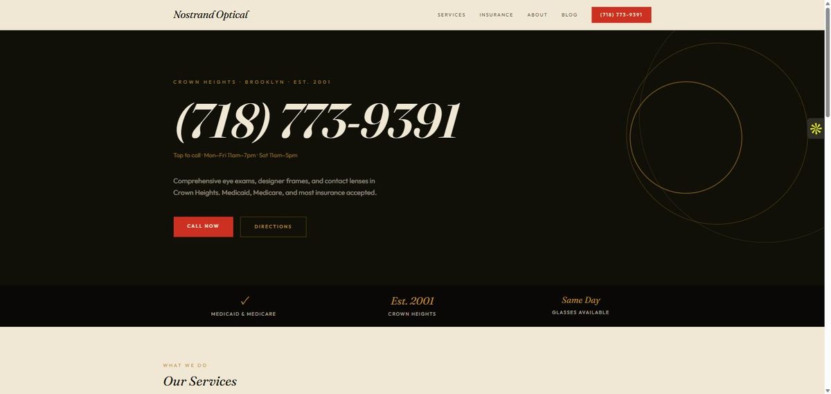 Nostrand Optical website — dark editorial hero built around a tap-to-call number, for a Crown Heights optometry practice
