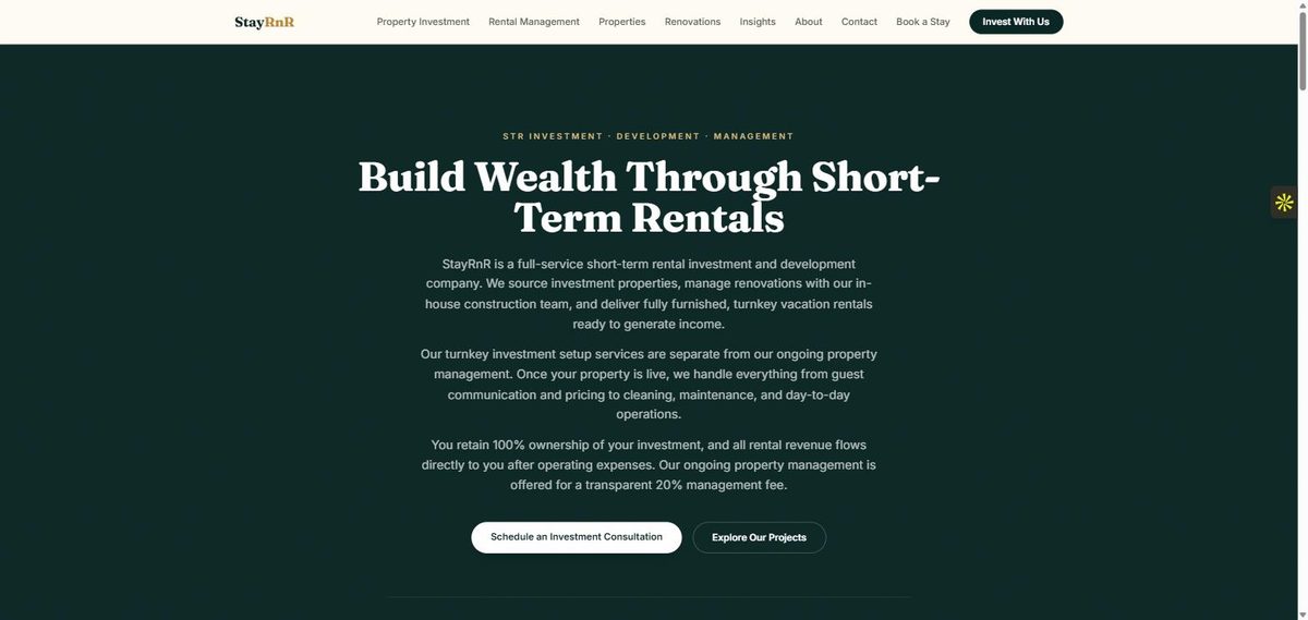 StayRnR website — deep green hero for a short-term rental investment and management company